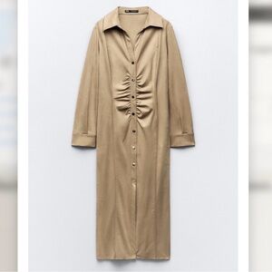 Zara Button-Up Faux Suede Dress in Sand